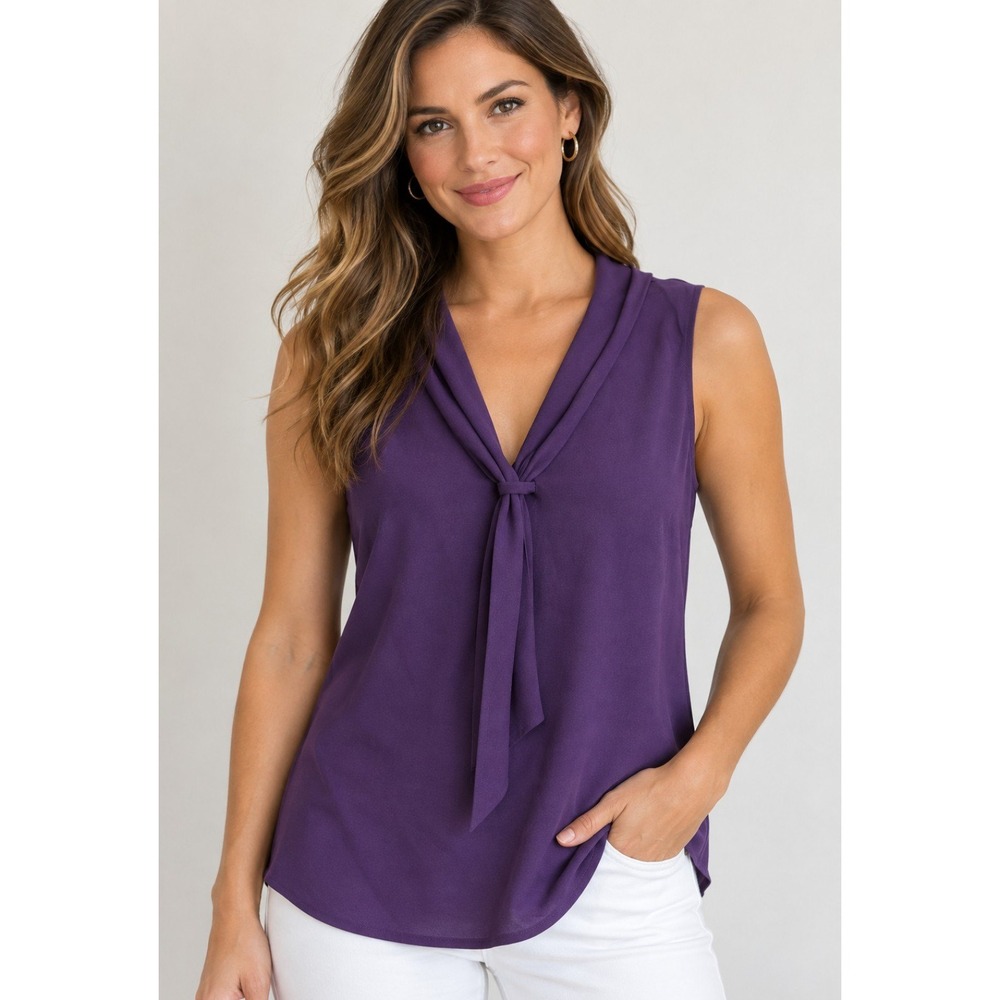 Tahari ASL Women's L Purple Sleeveless Tie Neck Office Blouse Draped Career Top